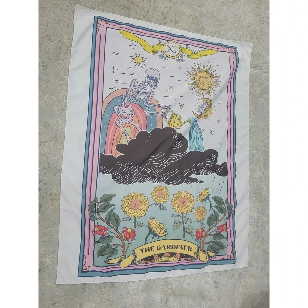 The Gardener Tarot Card Skeleton Sunflower Wall Tapestry 36x28 Pink Blue XI